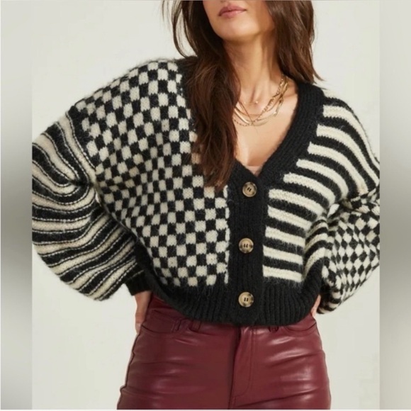 Altar'd State Sweaters - Altar’d State Claudia Checkered Cardigan Sweater Black & Cream Balloon Sleeve